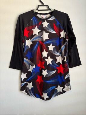 LuLaRoe Black Raglan Top with Red, Blue, White Starburst Print